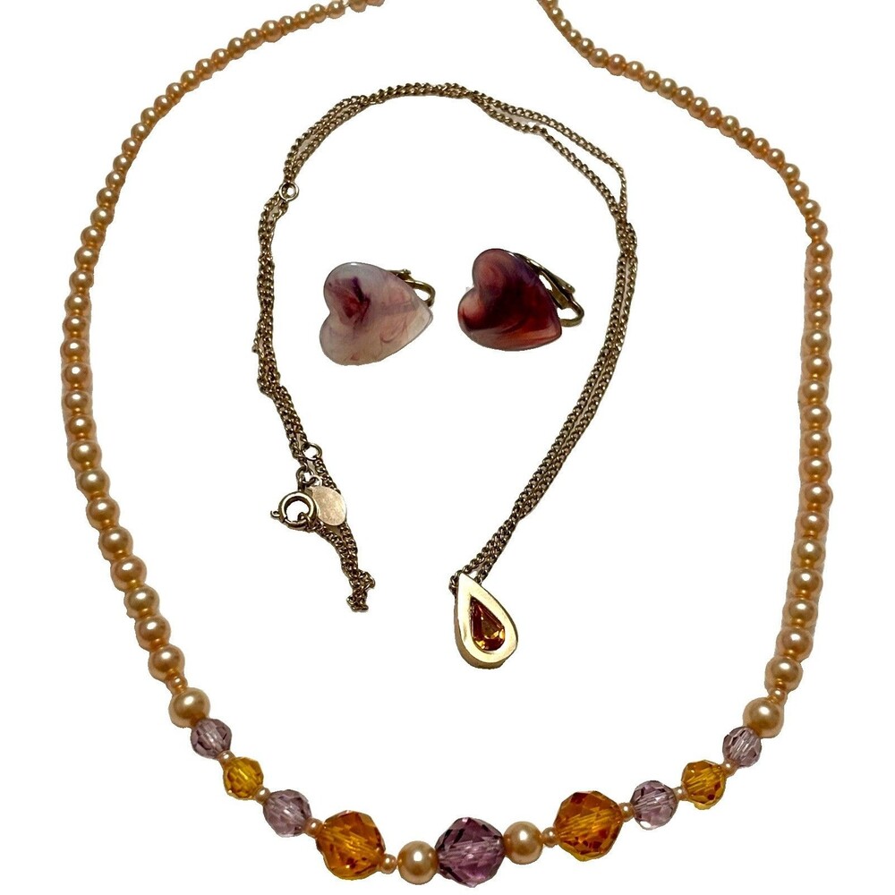 Vintage Avon Necklace Heart Clip Earrings Faux Pearl Beaded Jewelry Lot Amber